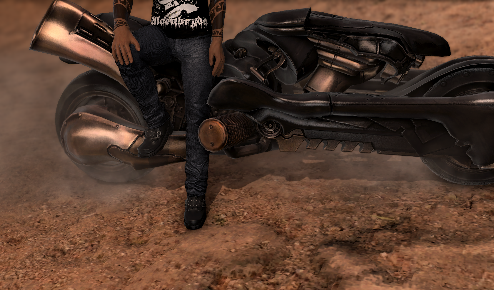 A bike from the FFXIV game. A man with tattoos and black clothes leans on it but you can't see above his elbows